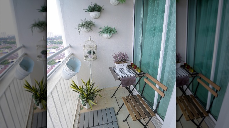 balcony with blue curtains