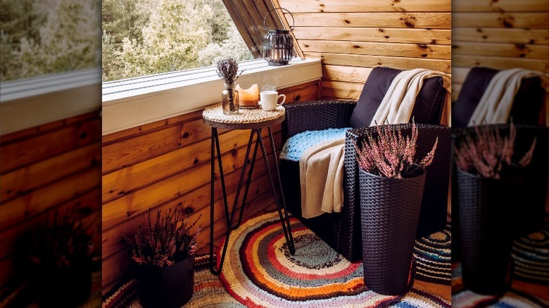 colorful rugs under dark chair