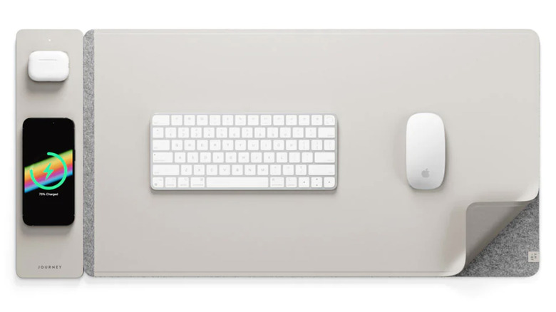 gray desk mat with charger