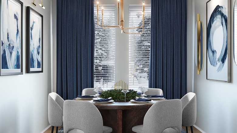 dining area with blue curtains