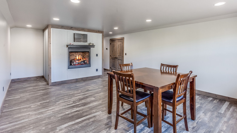 large fireplace in finished basement