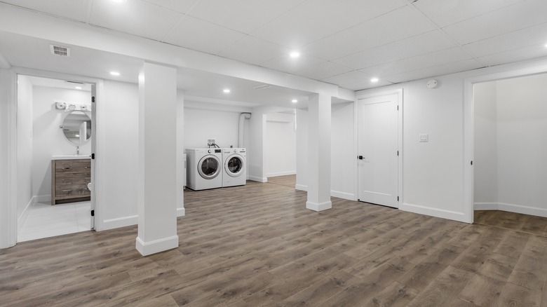 large basement with laundry room