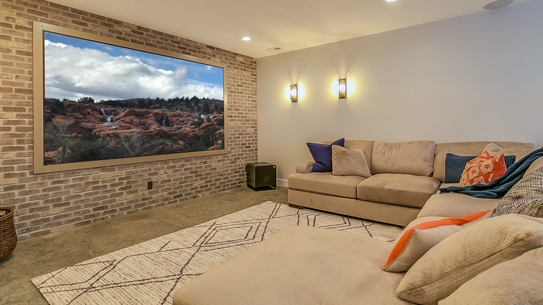 large television in finished basement