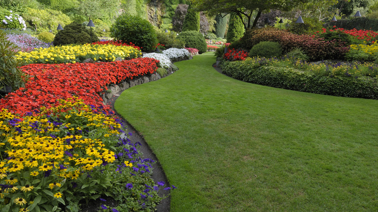 Lawn with large flower bed