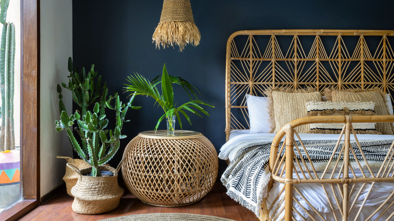 plants in baskets in bedroom