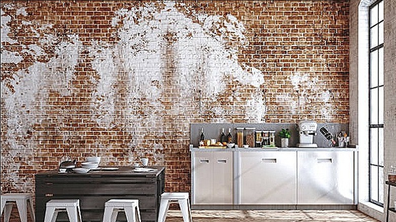 Exposed brick kitchen wall