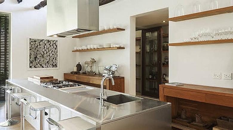 Floating wooden kitchen shelving