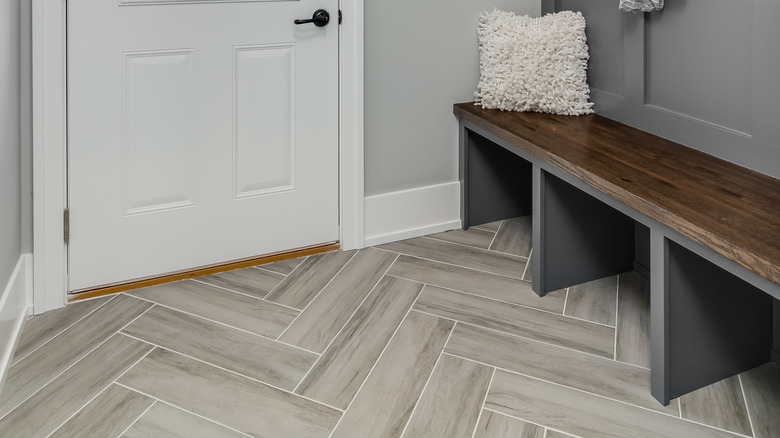 Herringbone floor in mudroom