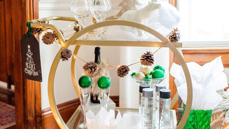 Christmas decorated gold bar cart