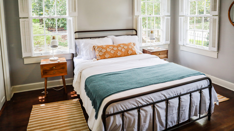 Cozy guest bedroom, blue blanket