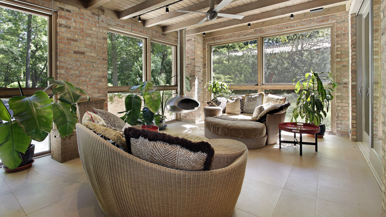 Sunroom with fireplace