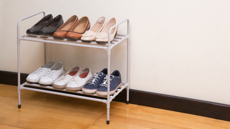 metal shoe rack with shoes