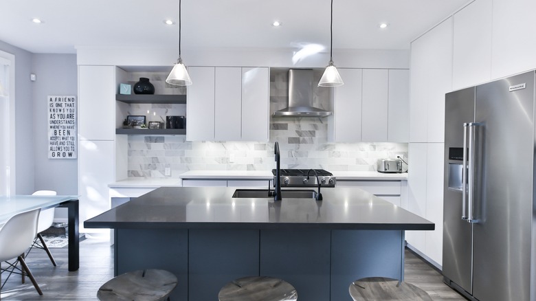 Cool gray and blue kitchen