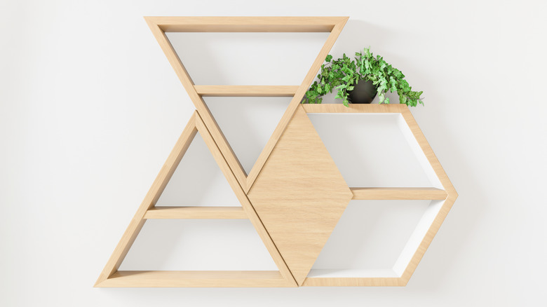 Hexagonal, triangular shelving with plant