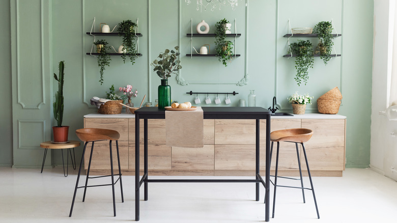 Light green kitchen with plants