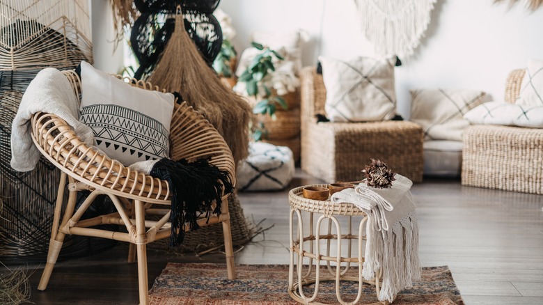 boho room with rattan furniture