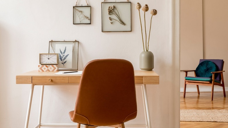 Desk on peach wall