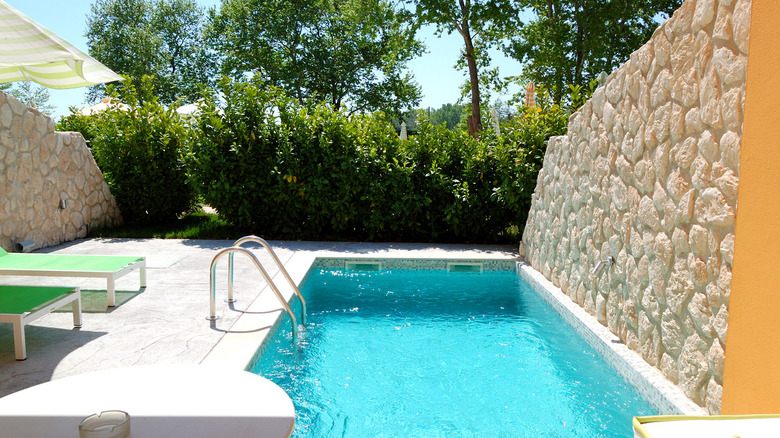 outdoor swimming pool with decorative wall