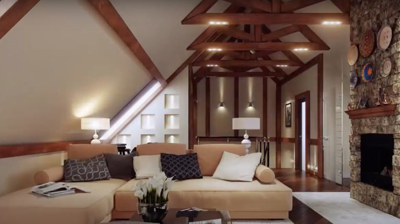 Attic living room with fireplace