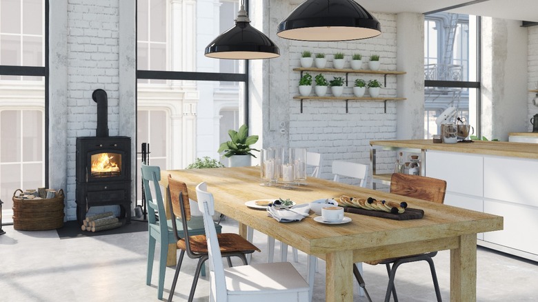 Kitchen with wood stove