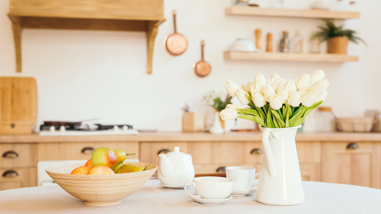 country kitchen with fresh flowers 