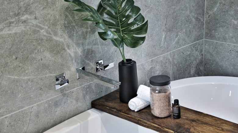 Bathtub with wood shelf