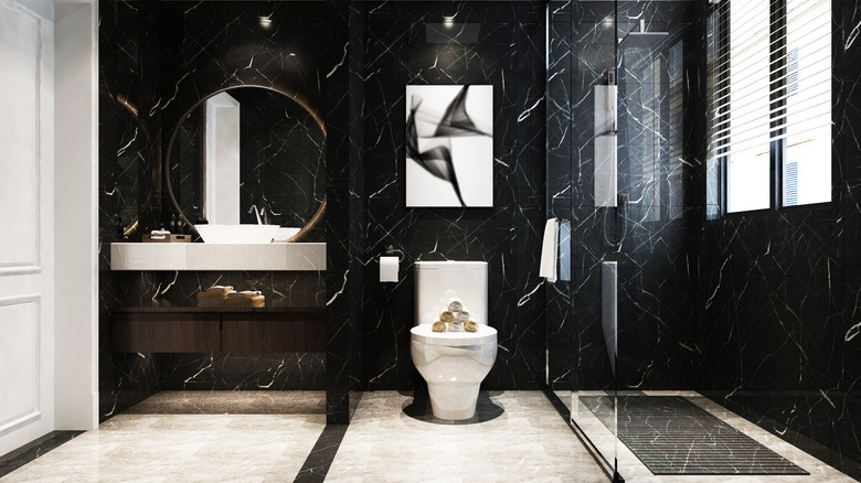 Black marble bathroom wall