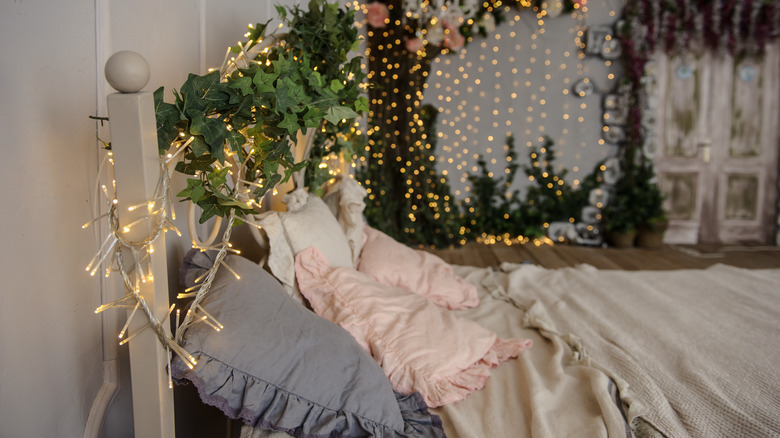garland in bedroom with lights