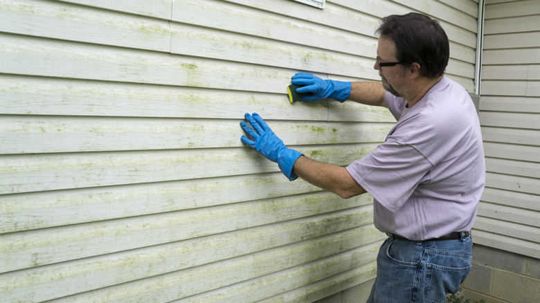 man cleaning vinyl siding