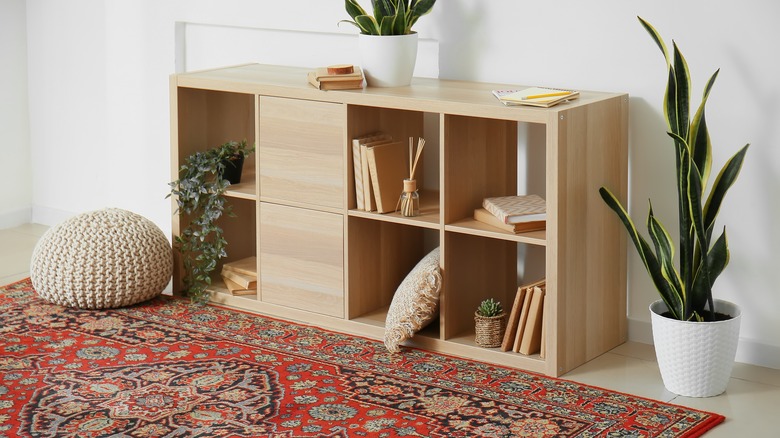 wooden low shelving unit