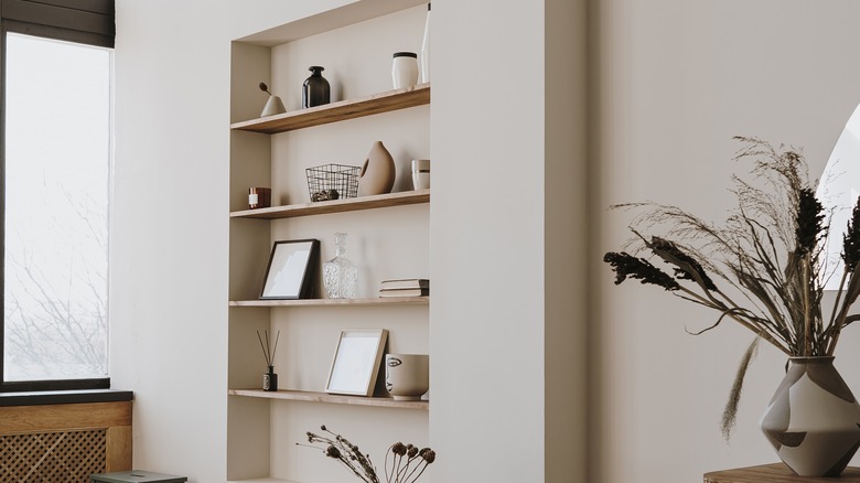 built-in beige shelving unit