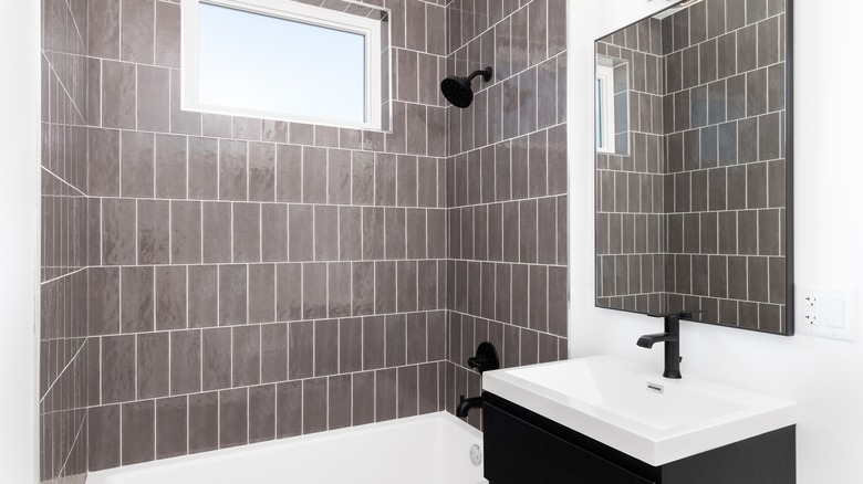 gray subway tiles in shower