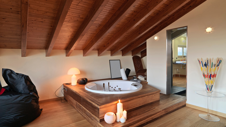 wooden ceiling in bathroom