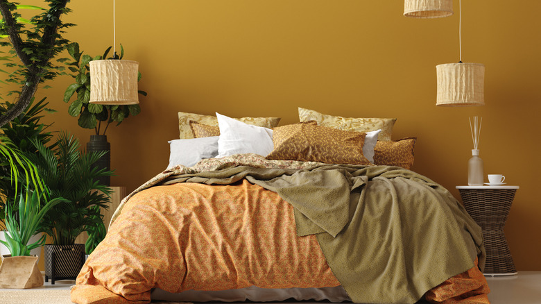 Yellow bedroom with plants