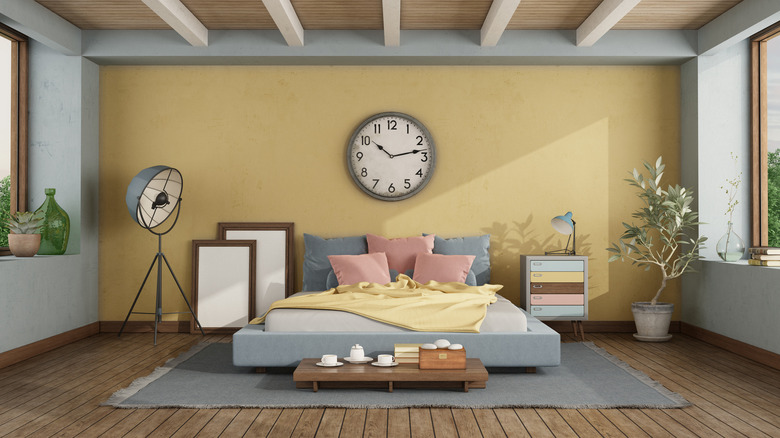 Pastel bedroom with large clock