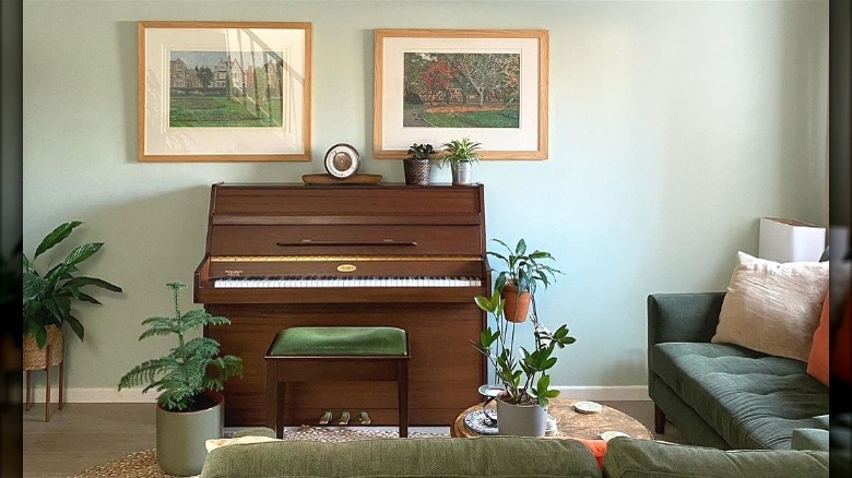 Piano room with houseplants