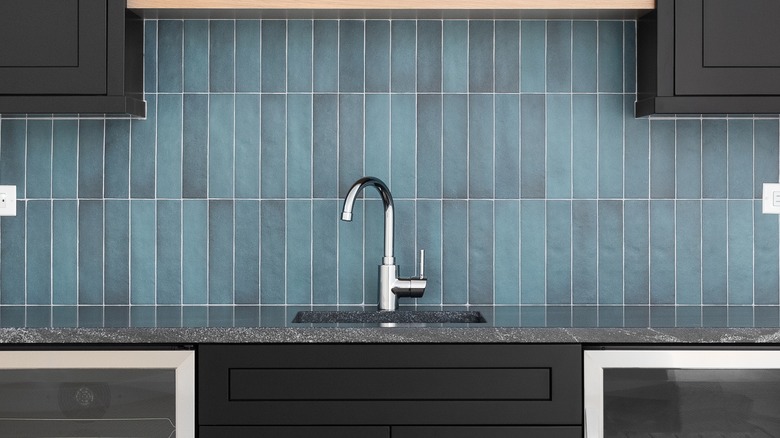 blue tiled backsplash in kitchen