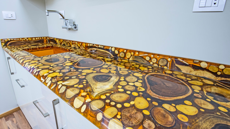 epoxy countertop with wooden slabs