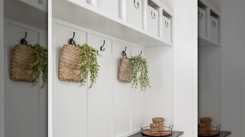 white baskets in cubbies