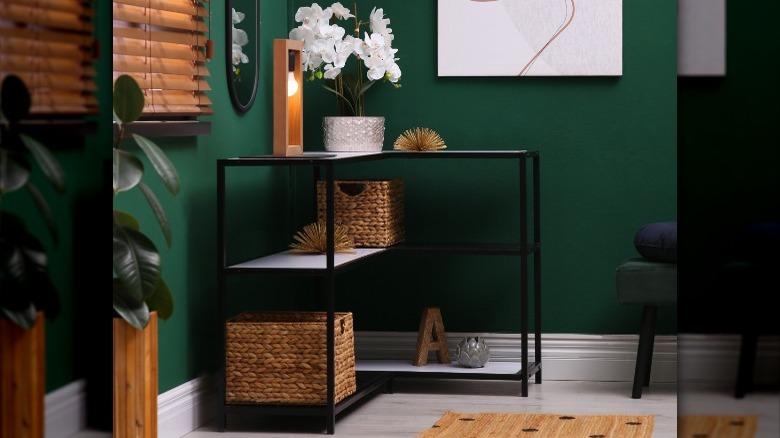 corner console table with baskets