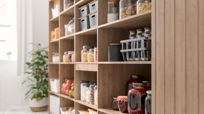 deep, wooden shelves in pantry