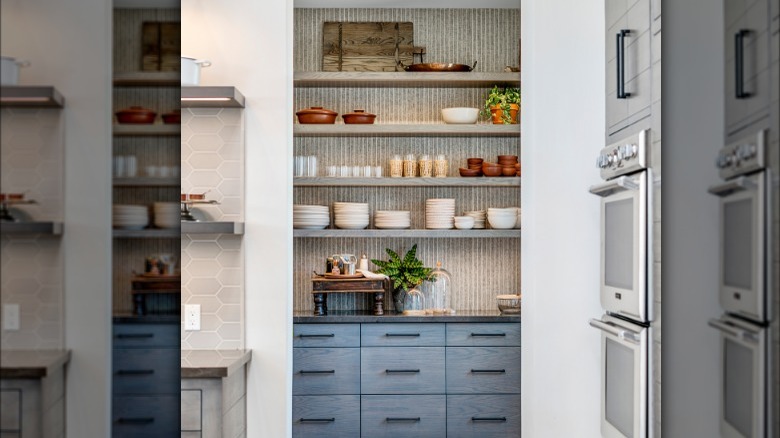 blue cabinets with gray shelves
