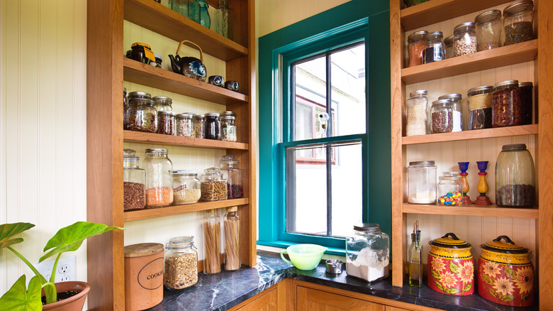 narrow wood shelves above countertops