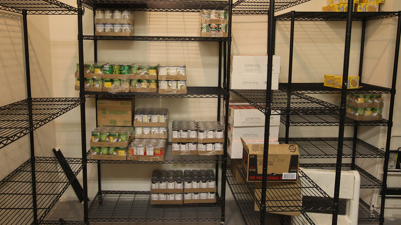 black wire shelves with food