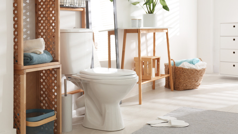 woven wooden shelves in bathroom