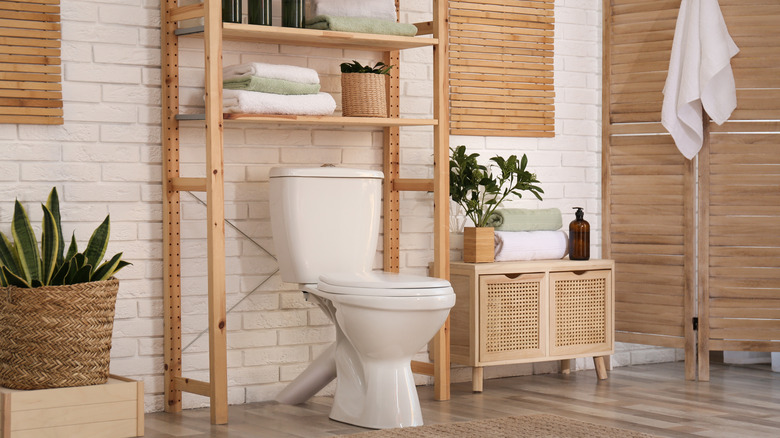 wooden shelving above toilet 