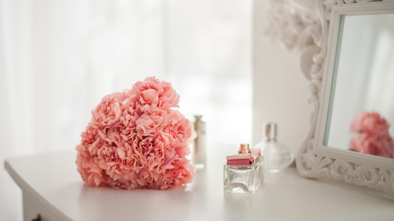 pink flowers on dressing table