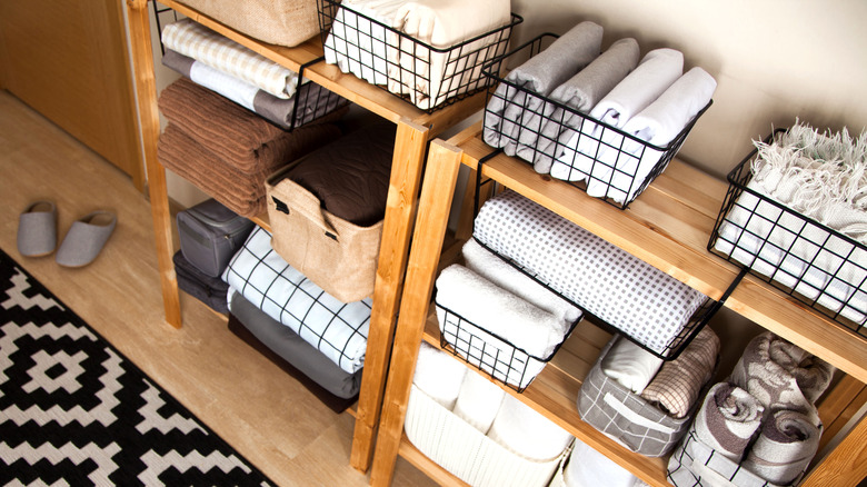 storage baskets on shelf