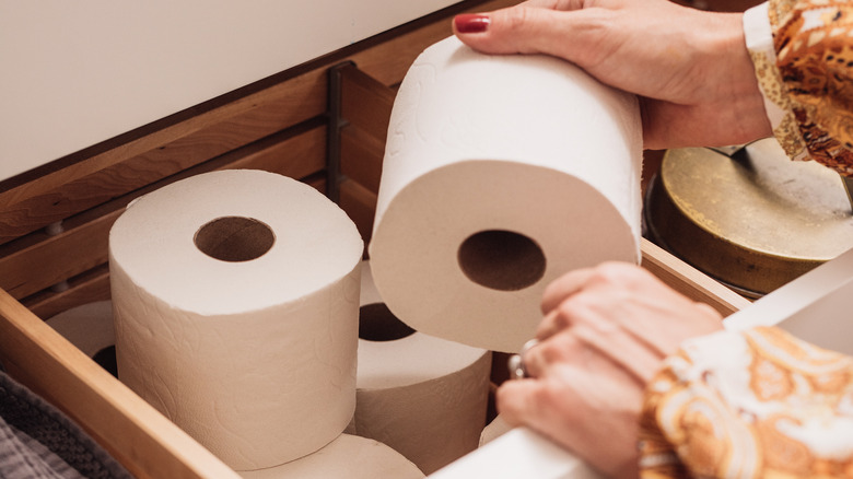 woman holding toilet paper roll