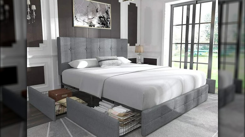 Gray bed with drawers